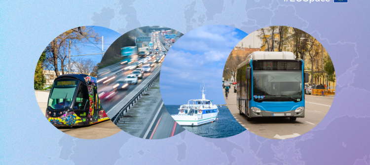 A collage of four circular images showing a tram, highway traffic, boat, and bus, representing EU transportation with #EUSpace and a map of Europe in the background.